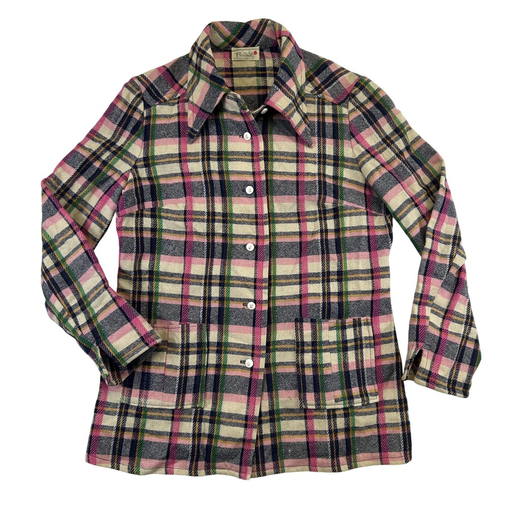 Vintage Personals Jacket Womens Medium Plaid Wool Button Front Blazer USA 70s